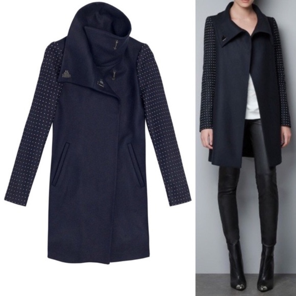 RARE ZARA COAT NAVY BLUE STUDDED APPLIQUE SLEEVE WINTER BLAZER JACKET - M size